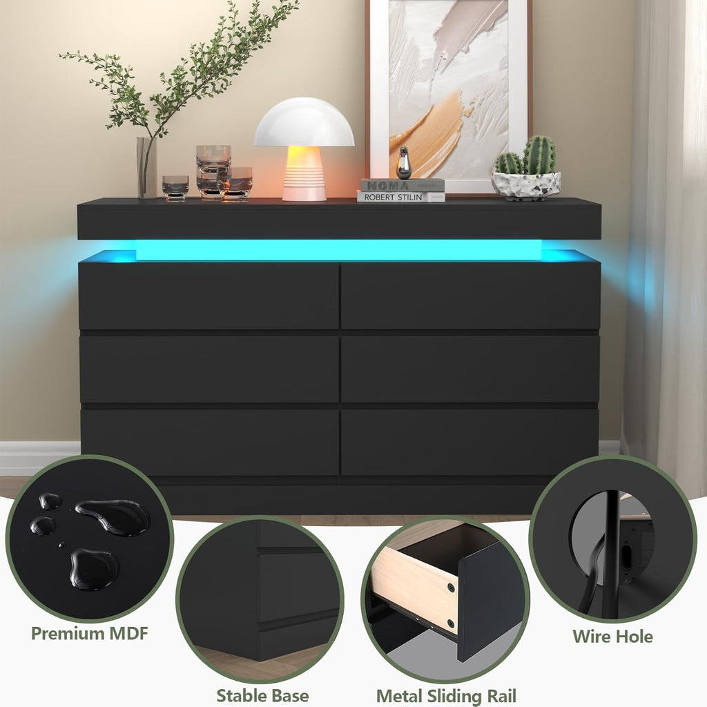 6 Drawer Dresser with Power Outlet, Dresser with LED Light, Modern Chest of Drawers for Closet, Double Wide Drawer Organizer Cabinet for Bedroom, Living Room (Black, 6 Drawers)