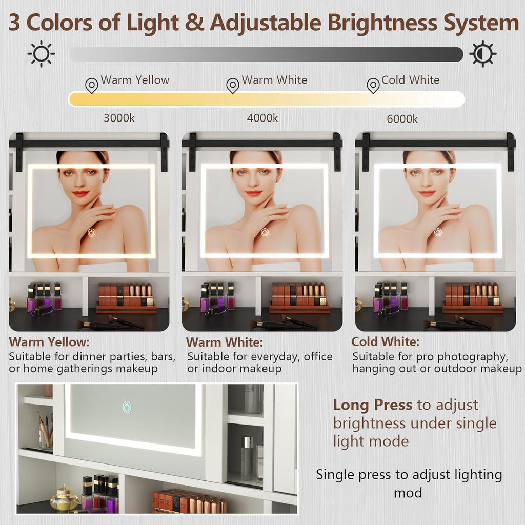 Farmhouse Makeup Vanity Desk with Sliding Mirror and Lights, 42" White Vanity Set with Charging Station & 2 Drawers & 2 Cabinets, Dressing Table for Bedroom (White)