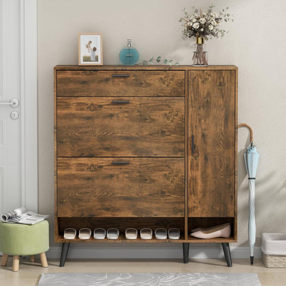 Shoe Storage Cabinets, 16 Pairs Free Standing Shoe Organizer with 2 Flip Drawers for Entryway, Narrow 3 Tier Entryway Hidden Shoe Rack with Doors (Upgraded Rustic)