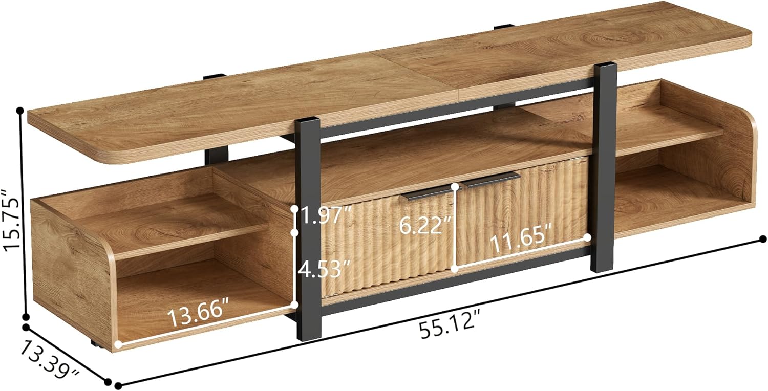 TV Stand with LED Lights and Storage cabinet for TVs up to 55"/65'', Modern Entertainment Center with Open Shelf, TV Cabinet, Media Console Table with Fluted Doors for Living Room, Bedroom, Oak