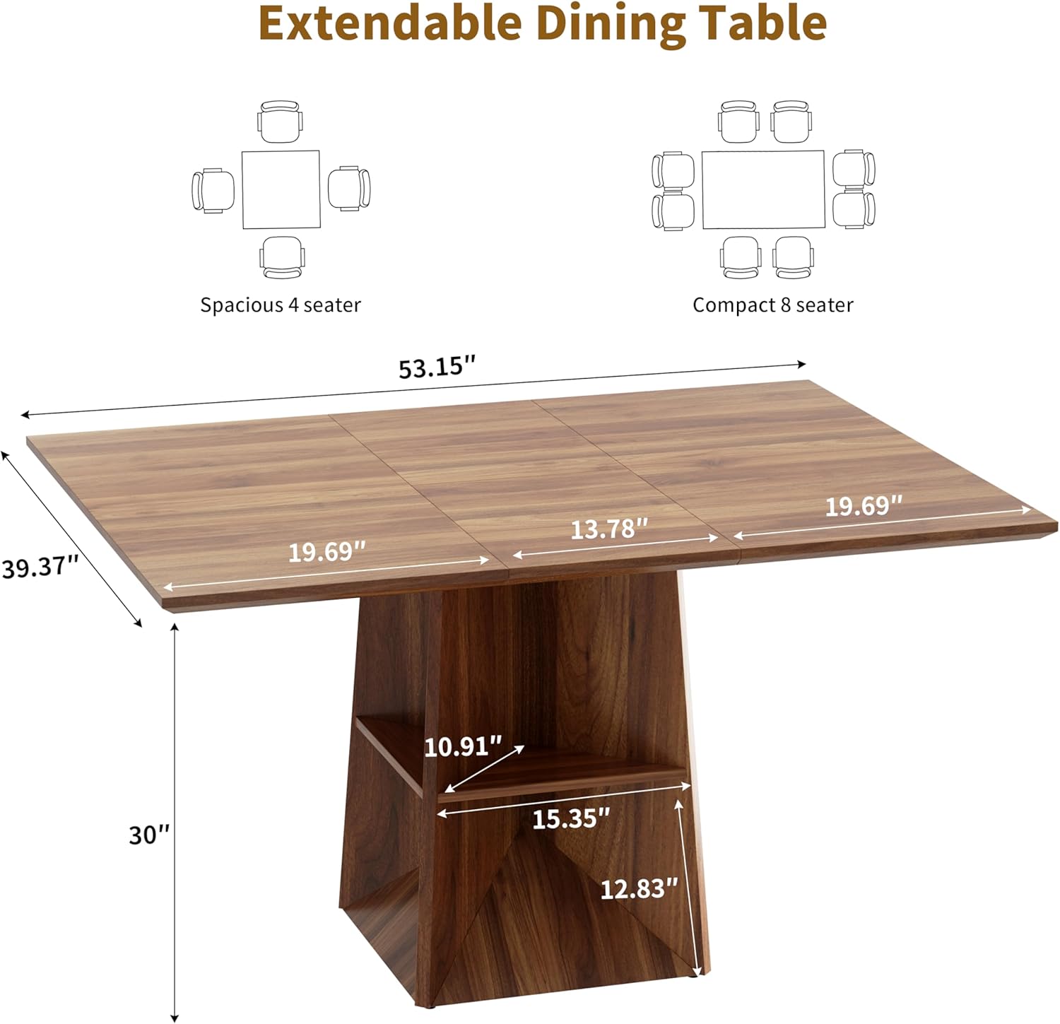 40"-54" Extendable Dining Table for 4/6/8, Modern Kitchen Table with Storage Shelf & Foot Support, Farmhouse Wood Dining Table for Living Room, Kitchen, Home, Office, Walnut