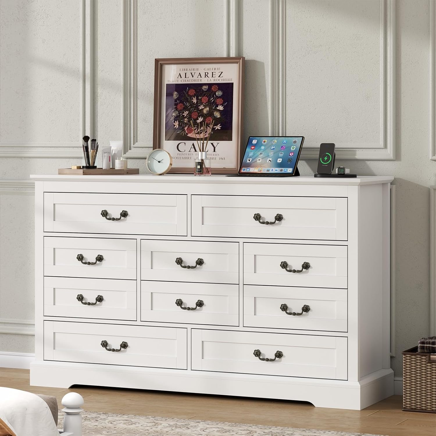 Farmhouse 10 Drawer Dresser, 52 Inch White Chest of Drawer Dresser for Bed Room with Vintage Handle, Storage Dressers Organizer for Bedroom, Living Room and Hallway