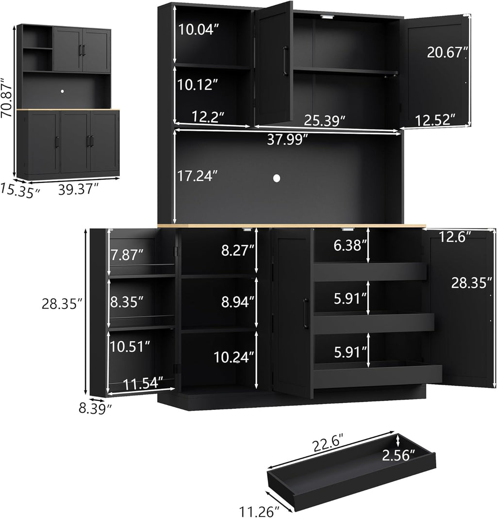 71" Tall kitchen Pantry Storage Cabinet, Modern Kitchen Hutch with 3 Pull-out Drawers, Kitchen Pantries with Microwave Stand & Door Shelf, Food Pantry with Adjustable Shelves for Dining Room (Black)