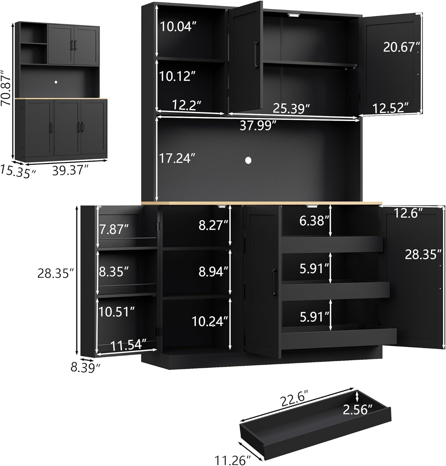 71" Tall kitchen Pantry Storage Cabinet, Modern Kitchen Hutch with 3 Pull-out Drawers, Kitchen Pantries with Microwave Stand & Door Shelf, Food Pantry with Adjustable Shelves for Dining Room (Black)
