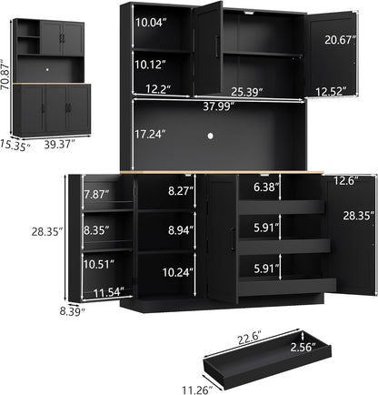 71" Tall kitchen Pantry Storage Cabinet, Modern Kitchen Hutch with 3 Pull-out Drawers, Kitchen Pantries with Microwave Stand & Door Shelf, Food Pantry with Adjustable Shelves for Dining Room (Black)