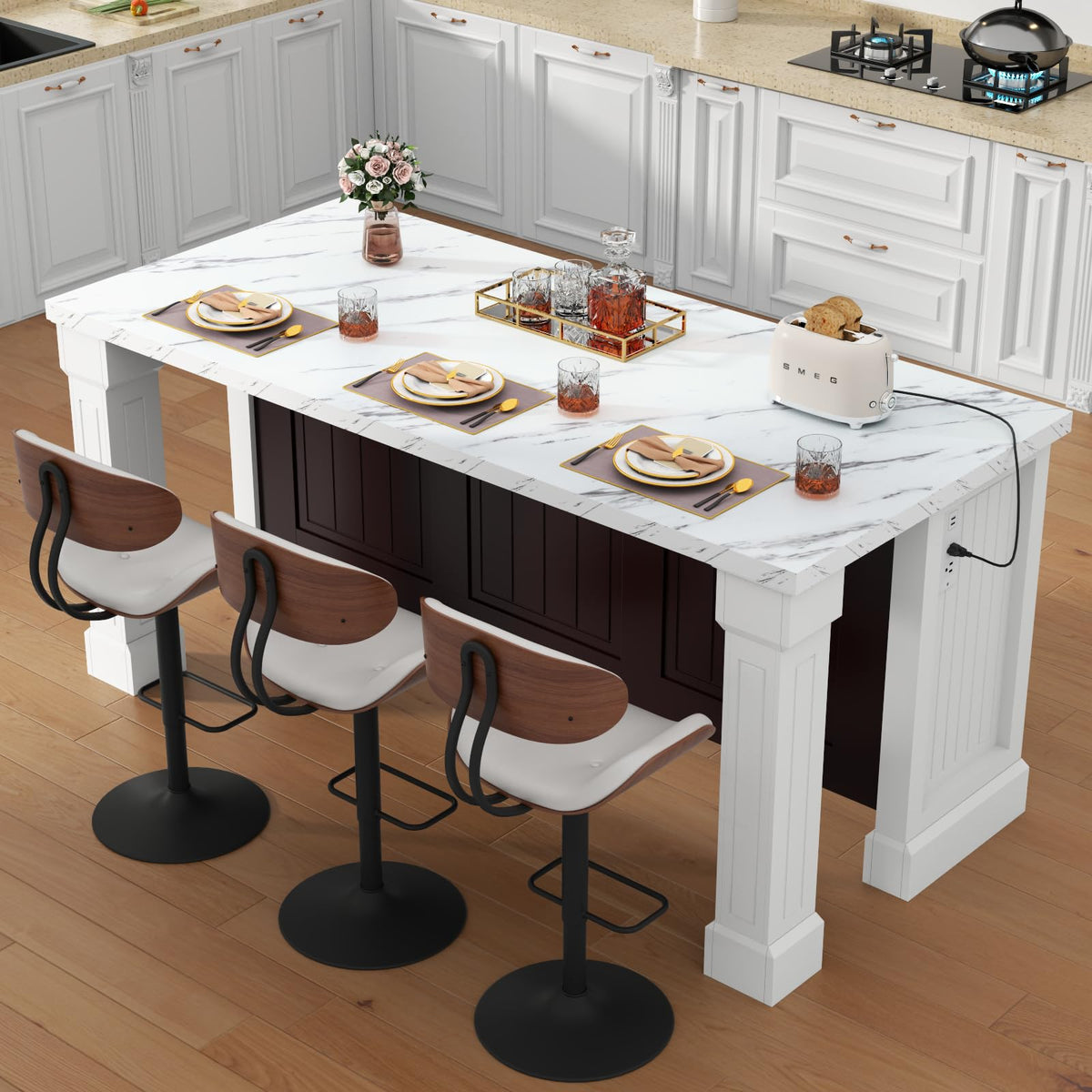 71" Large Imitation Marble Dining Table for 6-8 People, with LED Lights