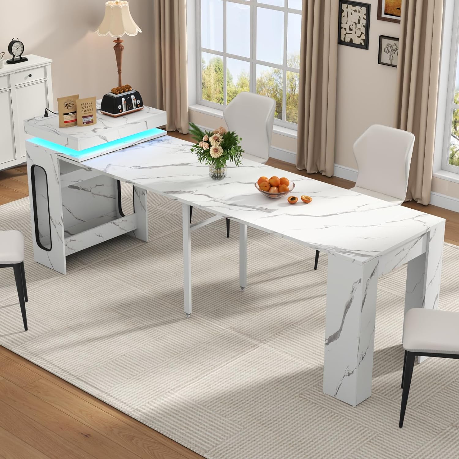Extendable Dining Table with Charging Station & LED Lights, 19.7" to 98.4" White Faux Marble Dining Table, Rectangle Console Table for 2-8, Modern Space Saving Kitchen Island Table (No Chairs)