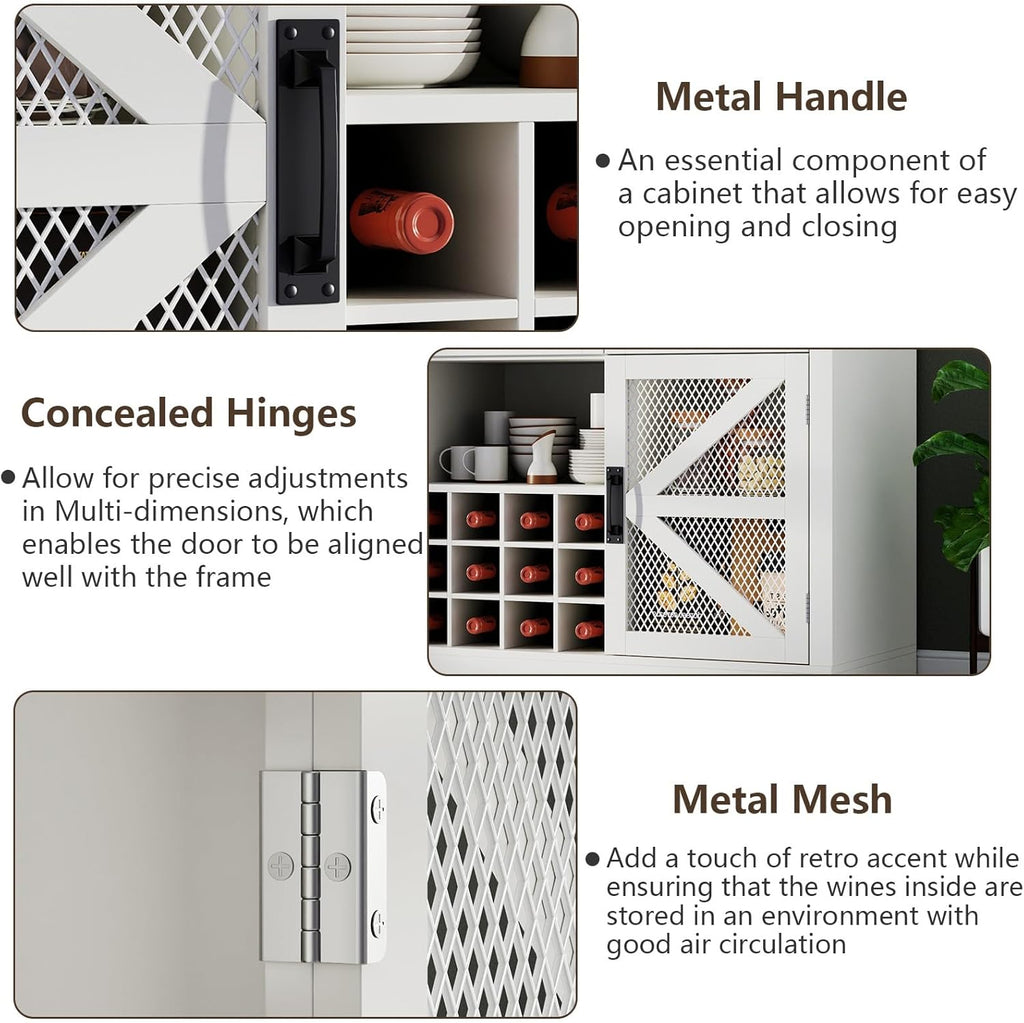 Farmhouse Wine Bar Cabinet with LED Lights, Kitchen Coffee Bar Cabinet with Acrylic Mirror, Wine & Glass Rack, Storage Shelves and 3 Drawers (2-Tier Hutch)