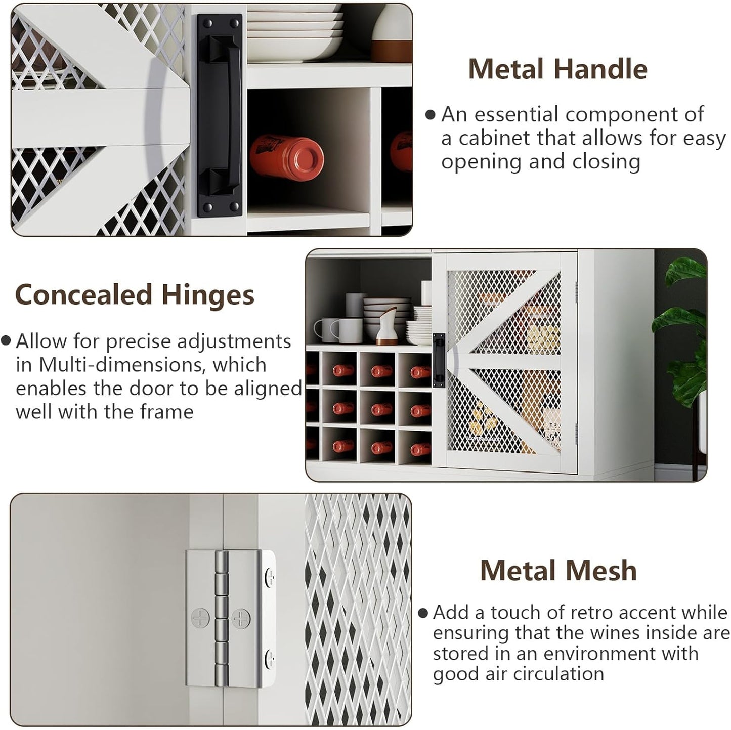 Farmhouse Wine Bar Cabinet with LED Lights, Kitchen Coffee Bar Cabinet with Acrylic Mirror, Wine & Glass Rack, Storage Shelves and 3 Drawers (2-Tier Hutch)