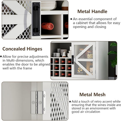 Farmhouse Wine Bar Cabinet with LED Lights, Kitchen Coffee Bar Cabinet with Acrylic Mirror, Wine & Glass Rack, Storage Shelves and 3 Drawers (2-Tier Hutch)