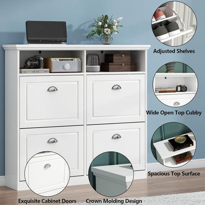 Shoe Cabinet with 4 Flip Drawers, Shoe Storage Cabinet for Entryway, Freestanding Hidden Shoe Cabinet Organizer with Open Storage, Slim Narrow Shoe Rack Cabinet (White)