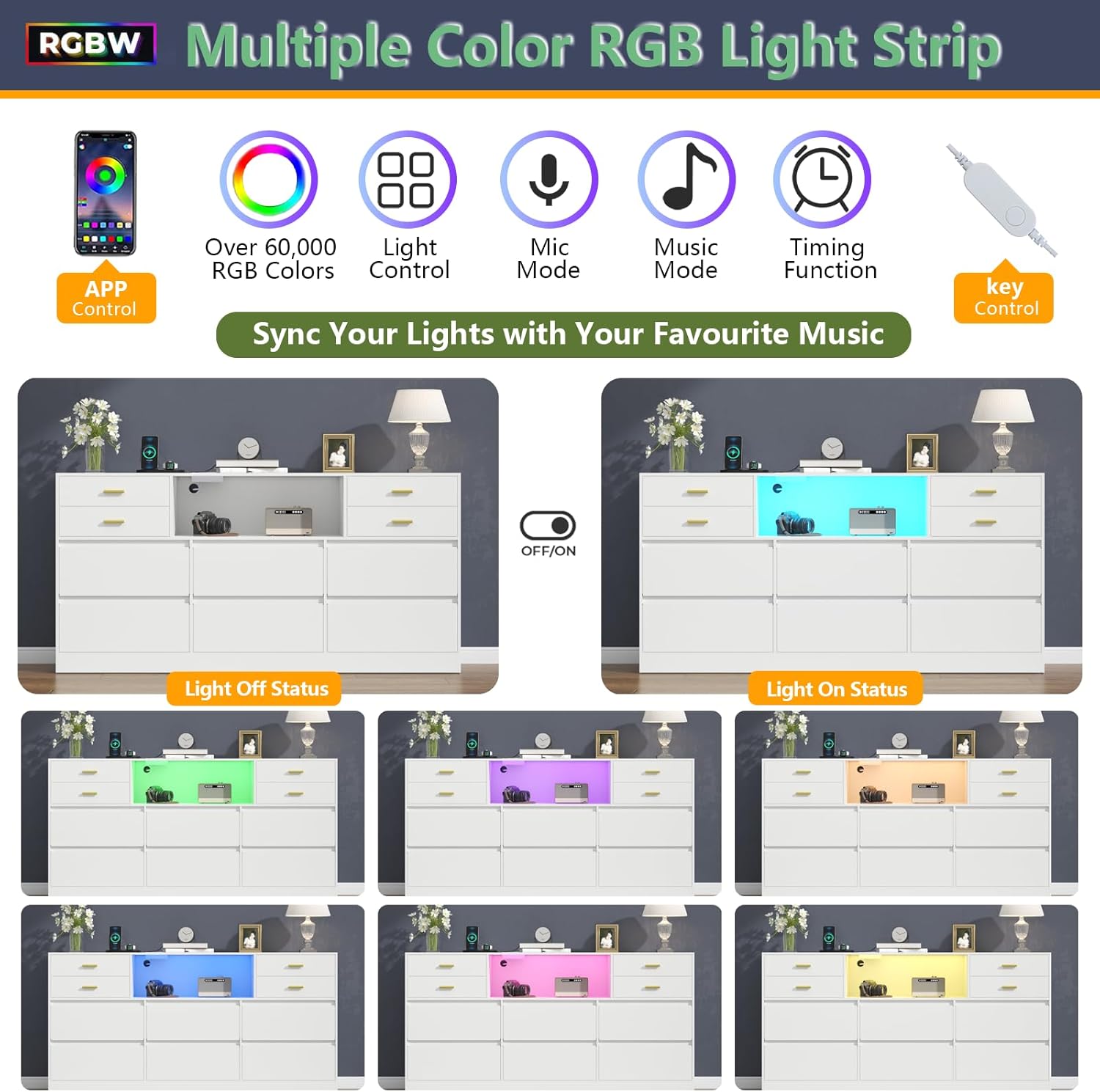 10 Drawers Dresser, LED Dressers & Chests of Drawers with Power Outlet, 58" Wide Long Dresser for Bedroom, Modern TV Stand with 1 Open Storage Cubbies (White)
