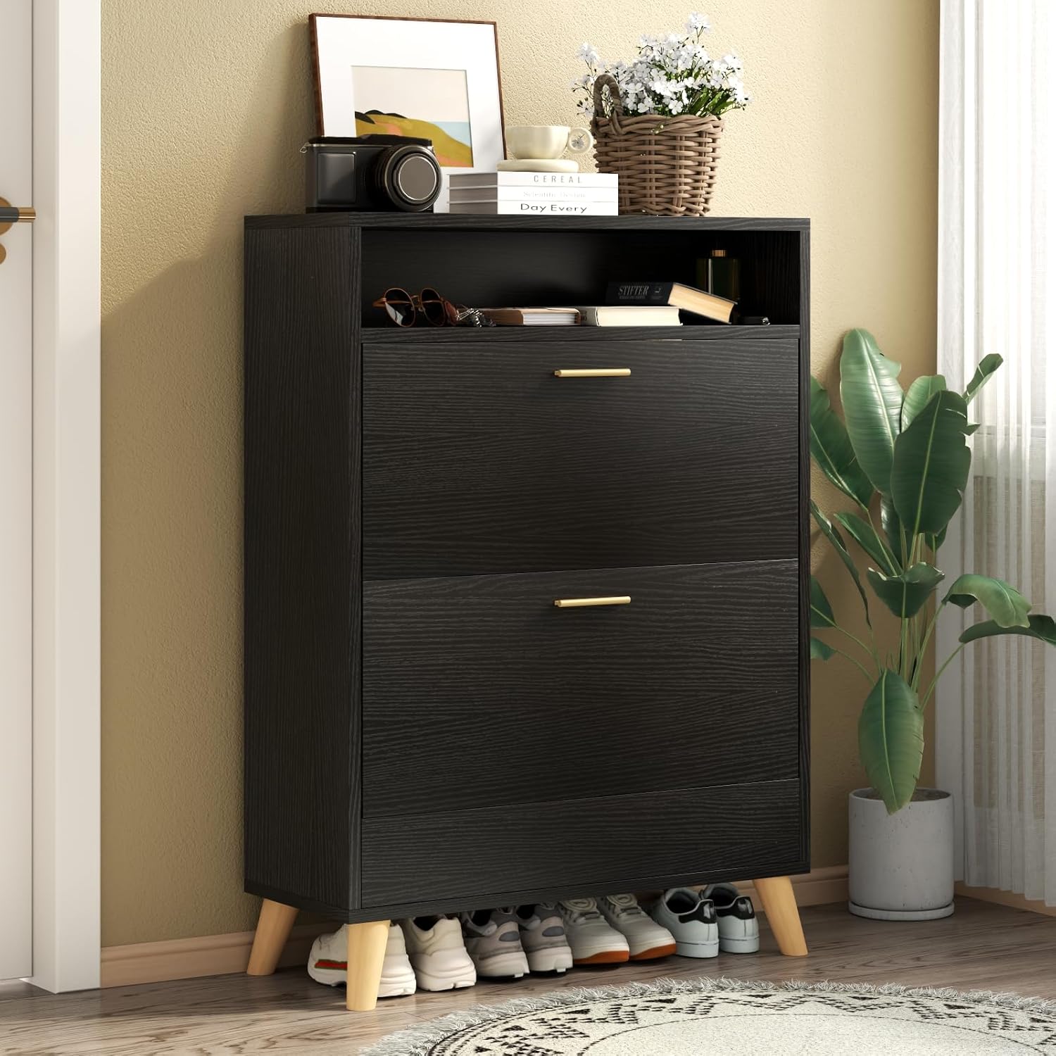 Entryway Shoe Storage Cabinet with 2 Flip Drawers, FreestandingShoe Organizer for Entryway, Narrow Shoe Rack Cabinet (Black)