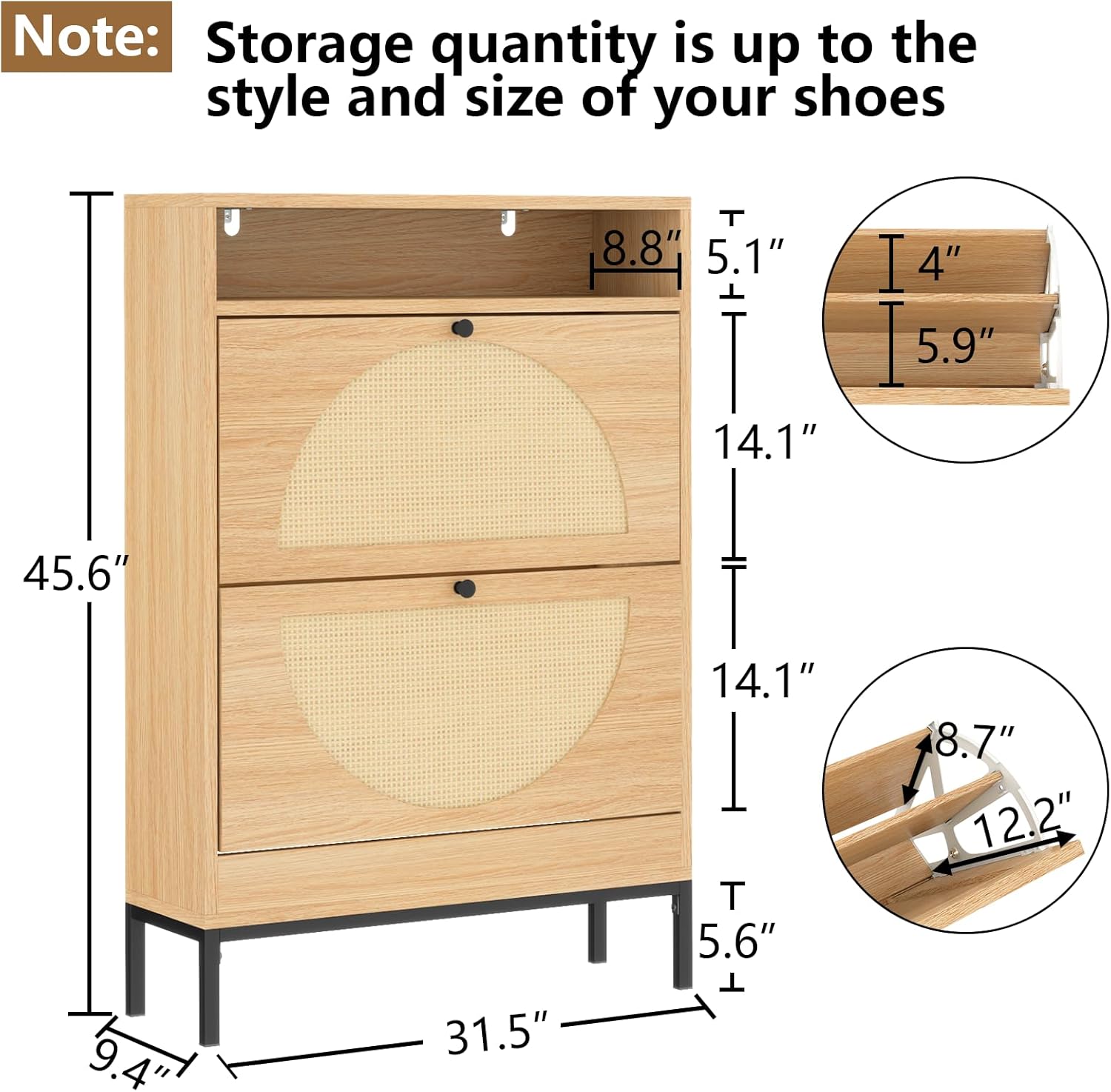Rattan Shoe Cabinet with 2 Flip Drawers, Free Standing Narrow Shoe Storage Organizer with Top Cubby, Slim Shoe Rack Cabinet for Entryway, Natural (Natural)