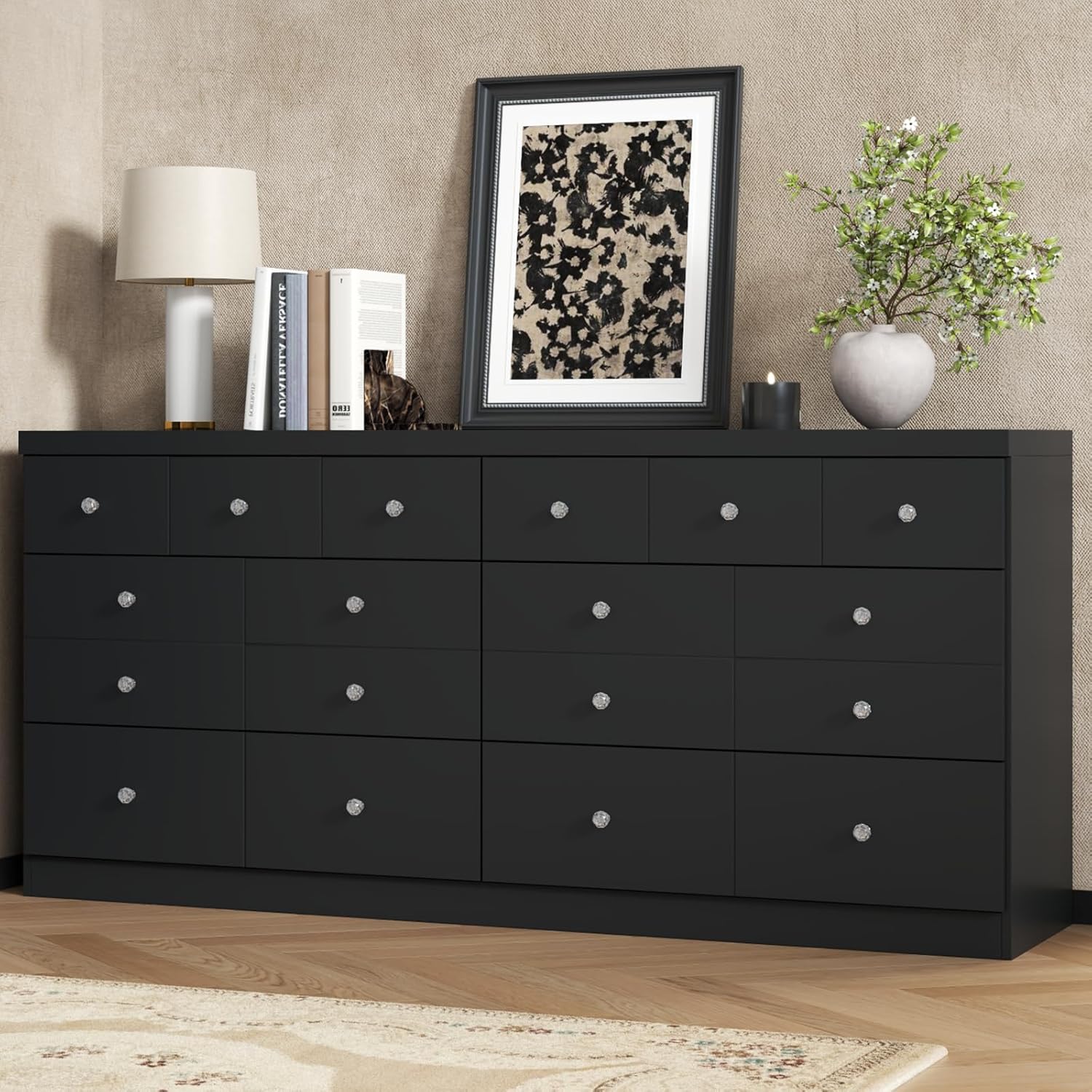 63'' Long Dresser for Bedroom, Modern 6 Drawer Dresser with 14 Organized Compartments & Glass Handles, Extra Large Chest of Drawers with Drawer Storage, Double Wide Black Wood Dressers for Bedroom