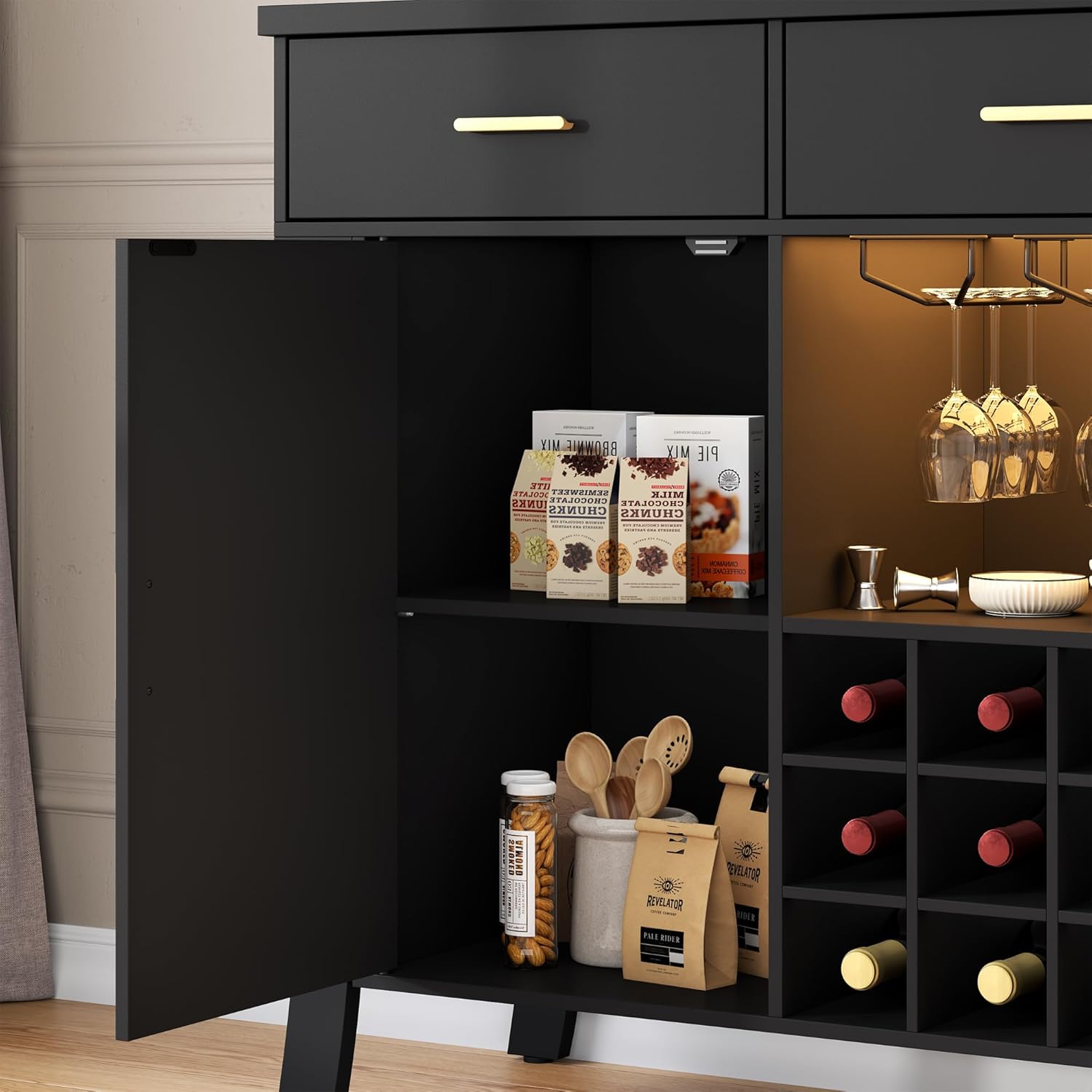 Wine Bar Cabinet with LED Light,Farmhous Liquor cabinet with Wine and Glass Rack,Coffee Station with Storage cabinet and 3 drawers,Buffet Sideboard with Arc Design for Kitchen,living room (Black)