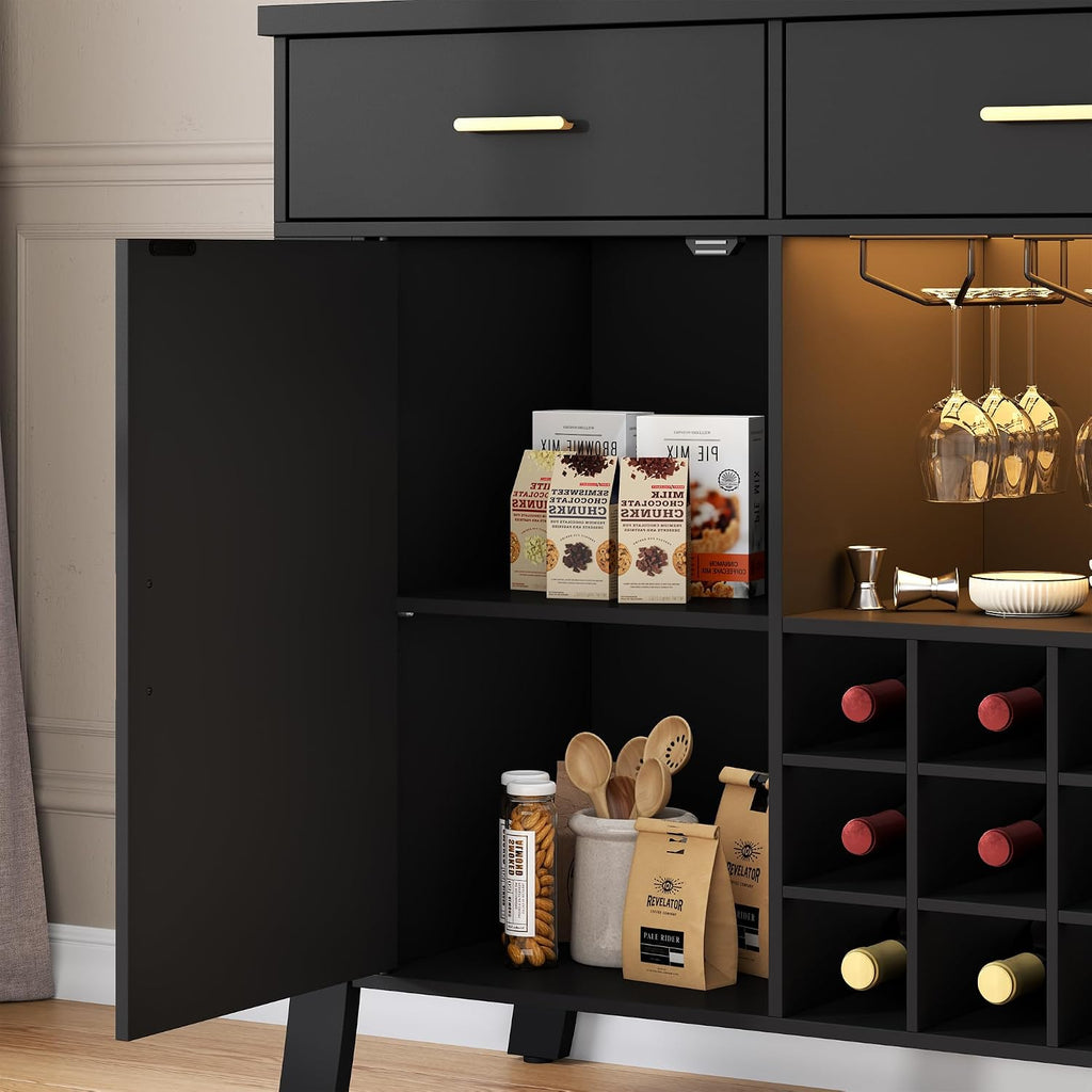 Black Wine Bar Cabinet with LED & Glass Rack, Farmhouse Liquor Cabinet