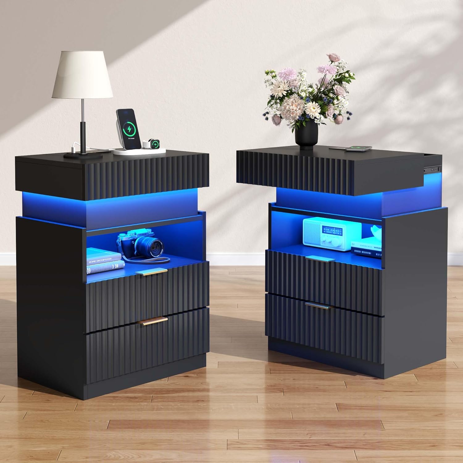 Nightstand Set of 2 with Charging Station and LED Lights, Fluted Night Stand with 2 Drawers &Open Shelf,Modern Bedside Table w/Hidden Compartment for Bedroom,End Side Table for Living Room (2, Black)
