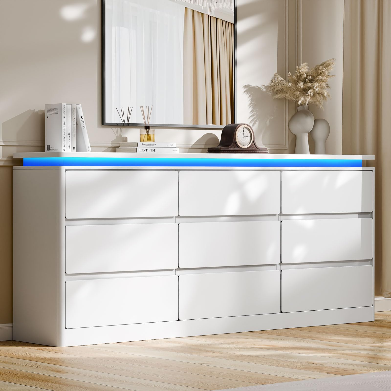 6 Drawer Black Dresser for Bedroom, 47.2" Long Chest of Drawers with Charging Station & LED Lights, Double Wooden Storage Cabinet for Closet,Modern Dresser TV Stand with Deep Drawers