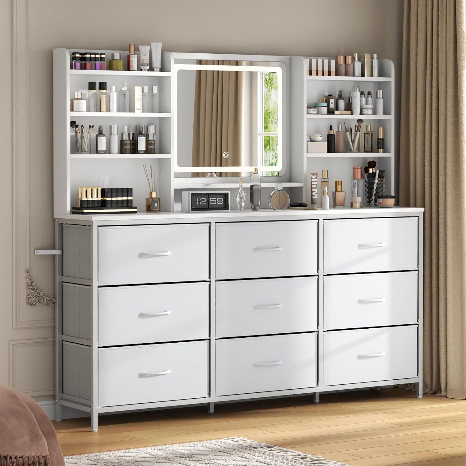 Dresser with Mirror for Bedroom, 59" W Chest of Drawers with LED Mirror, White Dresser with 9 Large Fabric Drawers, Modern Makeup Table Vanity Desk with 6 Storage Shelves, 3 Lighting Modes