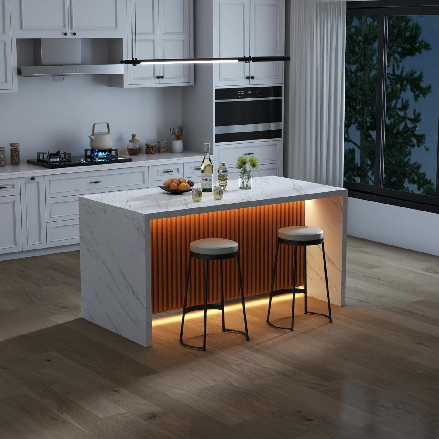 63" Large Imitation Marble Dining Table for 4-6 People(Patent Pending), Island Table with LED Lights, Mordern Marble Stripes Kitchen Dining Table with Grille design for Dining Room,Living Room,White