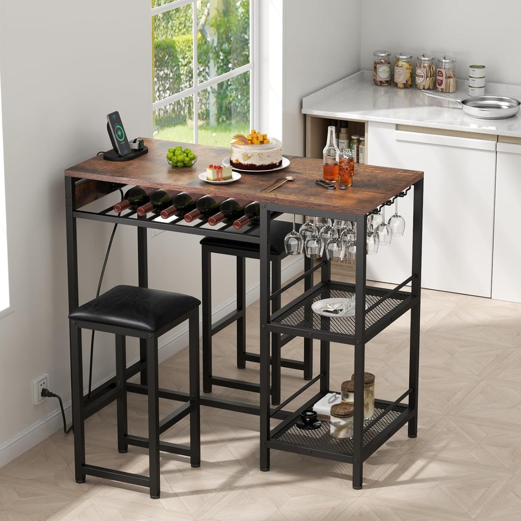 Bar Table and Chairs Set with Power Outlet, Pub Table and Chairs Set for 2 with 2 Storage Shelves, 3 Piece Table Set with Wine Rack&Glass Holder for Living Room,Dining Room,Small Apt (Rustic)