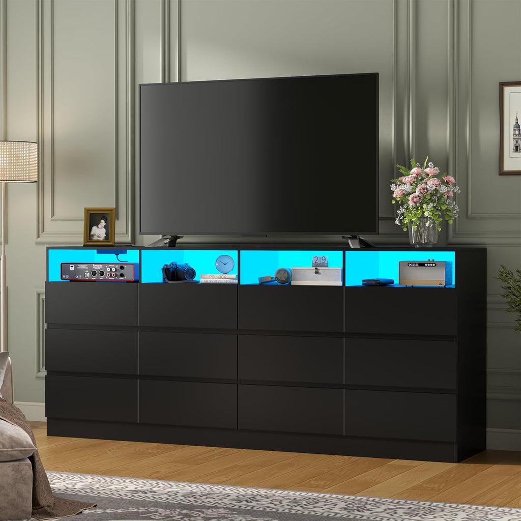 63" Wide 6-Drawer Black Dresser with Divided Compartments, Charging Station & LED Lights, TV Stand for TVs up to 75", Large Organizer with 4 Open Cubbies