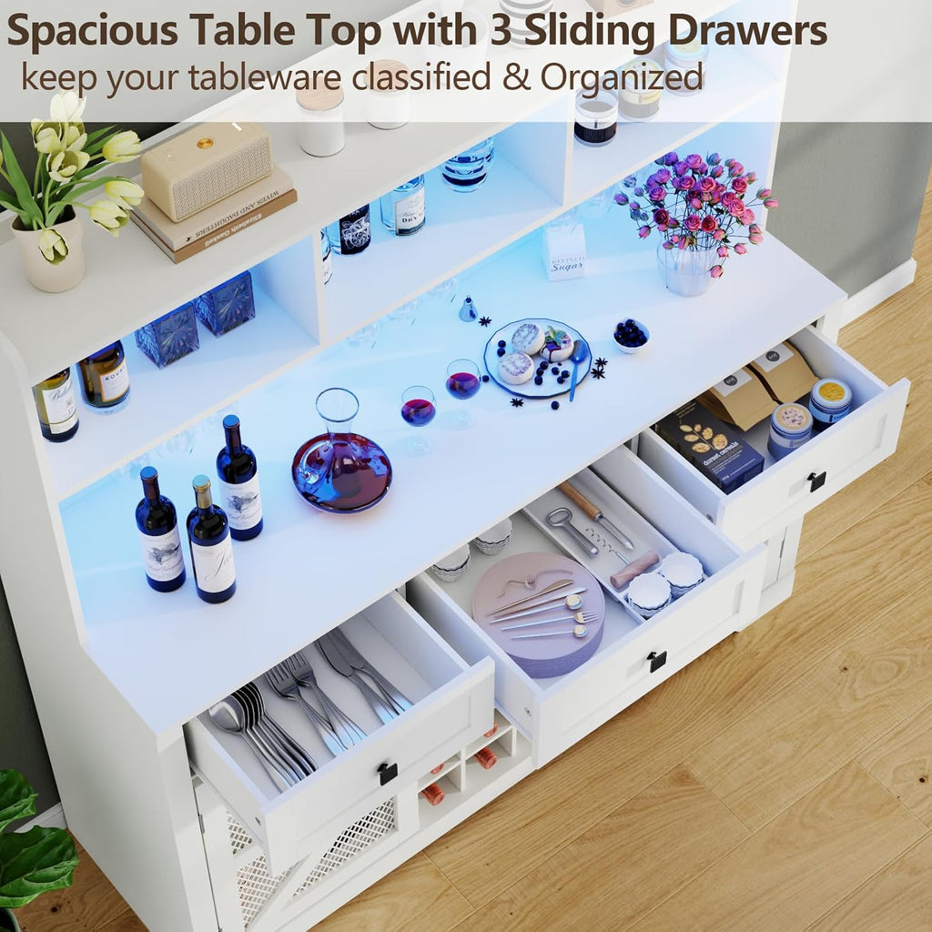 Wine Bar Cabinet with LED Lights, Farmhouse Coffe Bar with Mirror, 3 Drawers & Wine Rack, Kitchen Buffet Sideboard with Storage & Glass Holder, Liquor Cabinet Hutch (53.66" Tall)