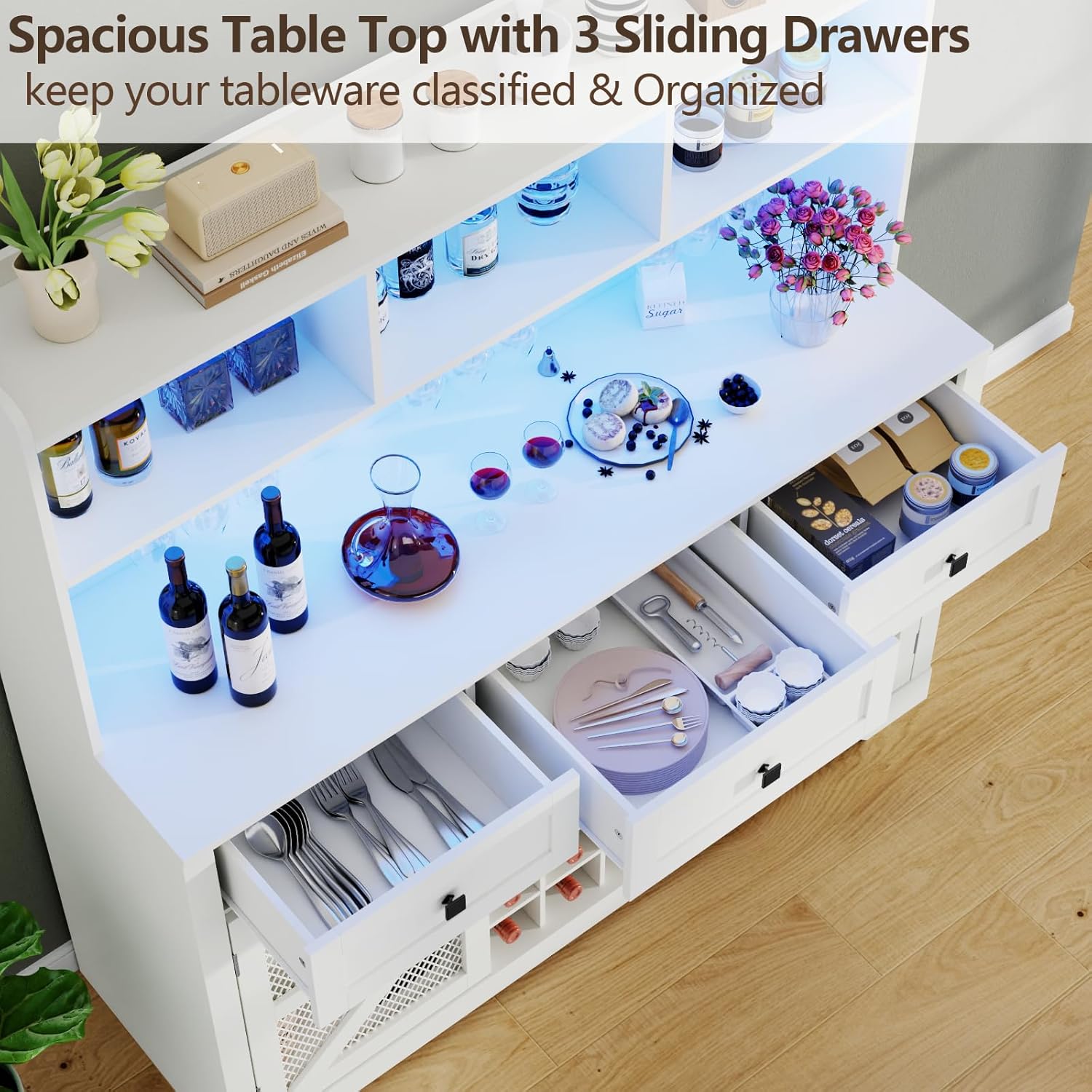 Wine Bar Cabinet with LED Lights, Farmhouse Coffe Bar with Mirror, 3 Drawers & Wine Rack, Kitchen Buffet Sideboard with Storage & Glass Holder, Liquor Cabinet Hutch (53.66" Tall)