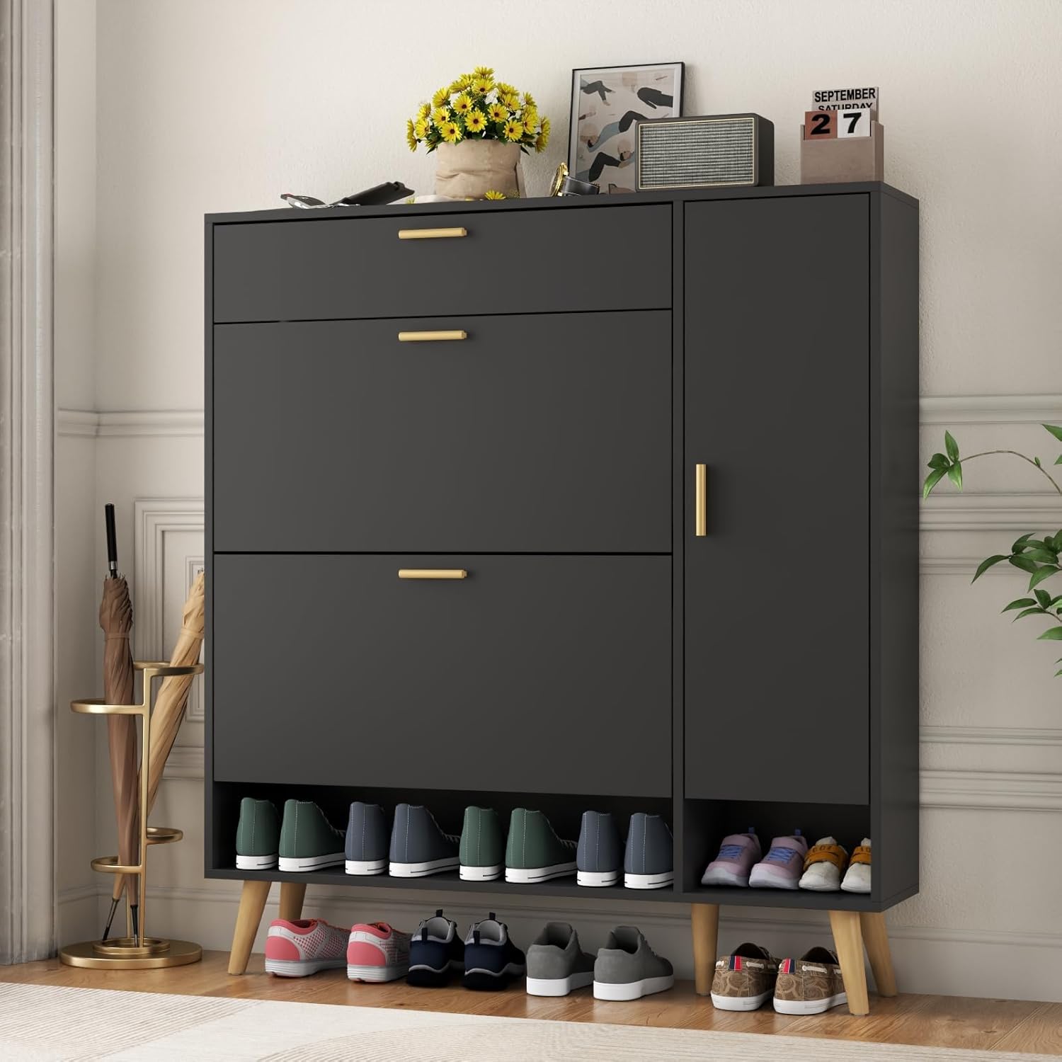 Shoe Cabinet Storage for Entryway, Slim Shoe Organizer Cabinet 2 Flip Drawer, Narrow Hidden Shoe Storage Side Door Cabinte (Black)