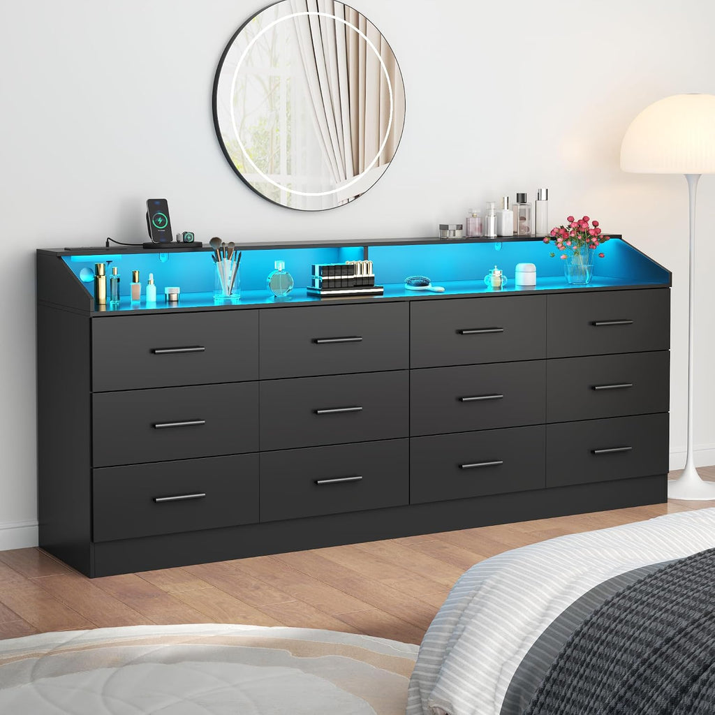 12 Drawer Dresser for Bedroom with Power Outlet,Modern Dresser w/ LED Light
