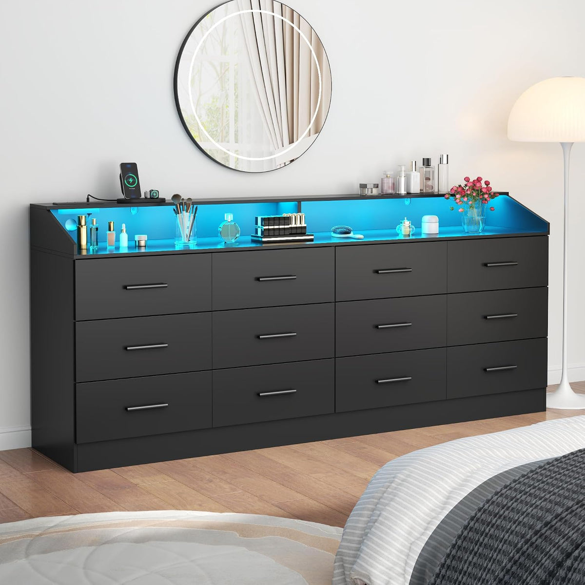 12 Drawer Dresser for Bedroom with Power Outlet,Modern Dresser w/ LED Light