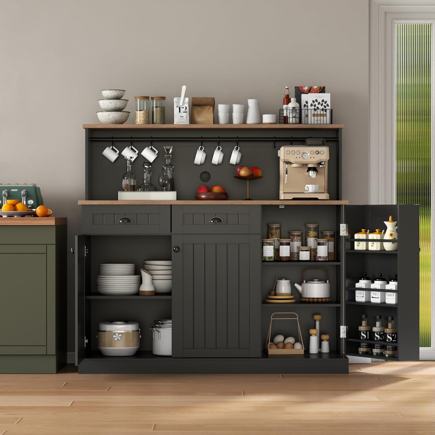 Sideboard Buffet Cabinet with 2 Drawers, Farmhouse Kitchen Pantry with Adjustable Shelves, Coffee Bar Cupboard Cabinet with 3 Doors for Kitchen, Dining Room (Black)