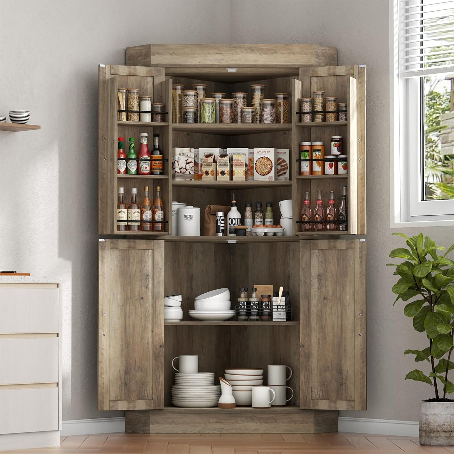 Corner Cabinet,Kitchen Pantry Storage Cabinet,Freestanding Buffet Hutch with 4 Doors and Shelves,Tall Food Pantry Farmhouse Furniture with Side Rack for Kitchen Dining Room(Retro)