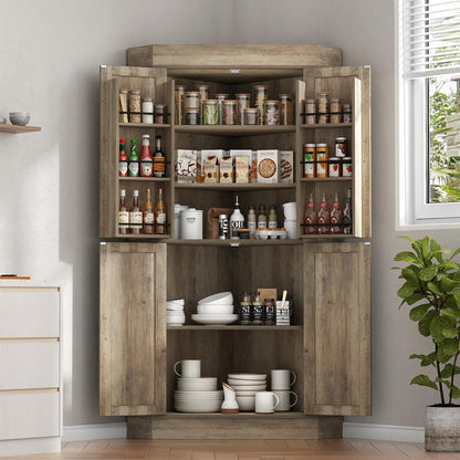 Corner Cabinet,Kitchen Pantry Storage Cabinet,Freestanding Buffet Hutch with 4 Doors and Shelves,Tall Food Pantry Farmhouse Furniture with Side Rack for Kitchen Dining Room(Retro)