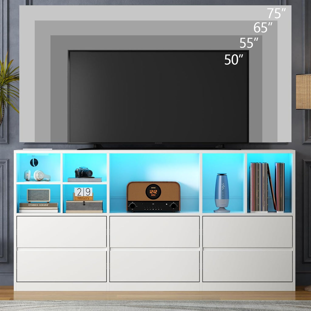 White Dresser for Bedroom with 6 Drawers, Chest of Drawers with Led Lights&Charging Station, 63" Long Dresser with 7 Open Cubbies, Storage Drawers for Living Room, Closet, Hallway (White)