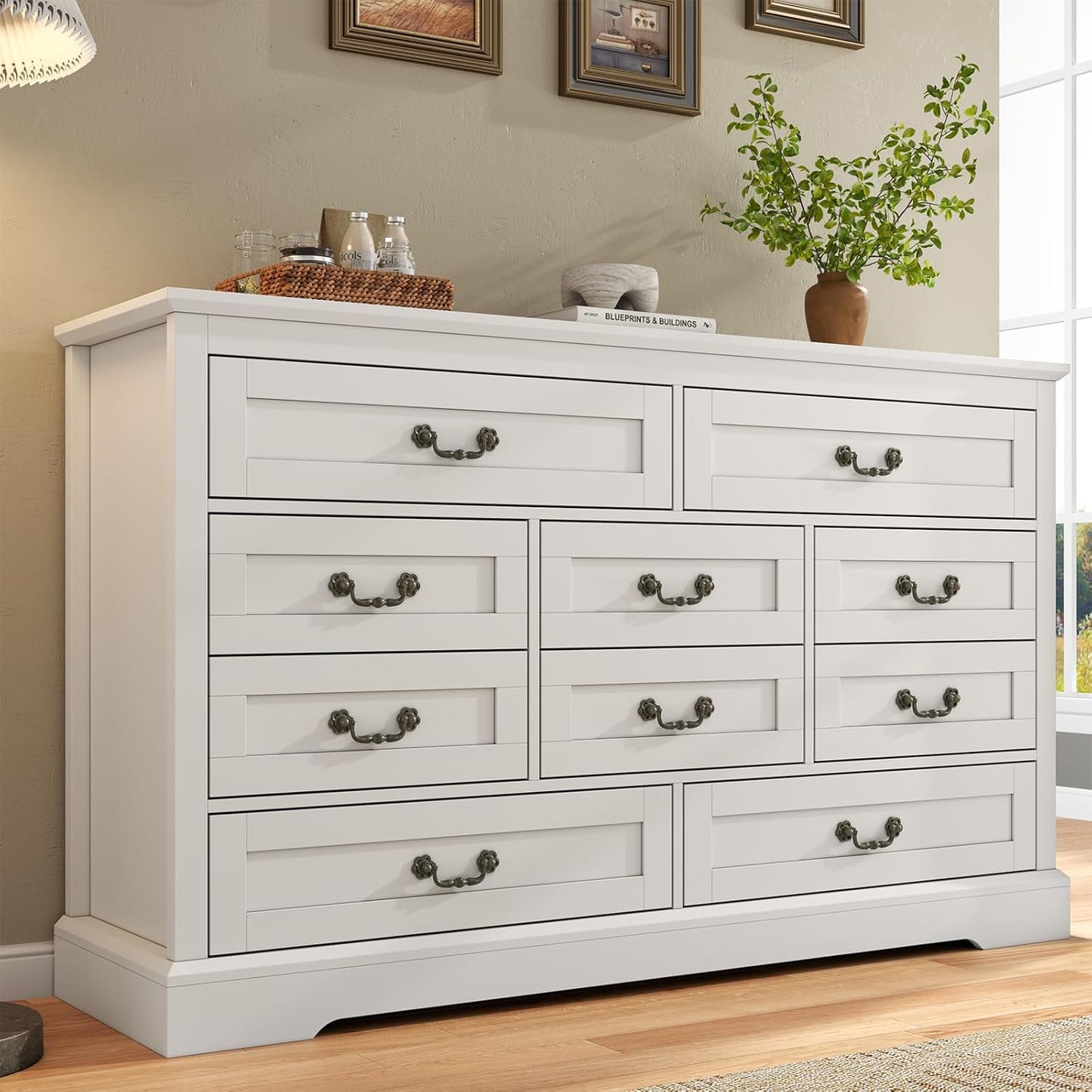 Farmhouse 10 Drawer Dresser, 52 Inch White Chest of Drawer Dresser for Bed Room with Vintage Handle, Storage Dressers Organizer for Bedroom, Living Room and Hallway