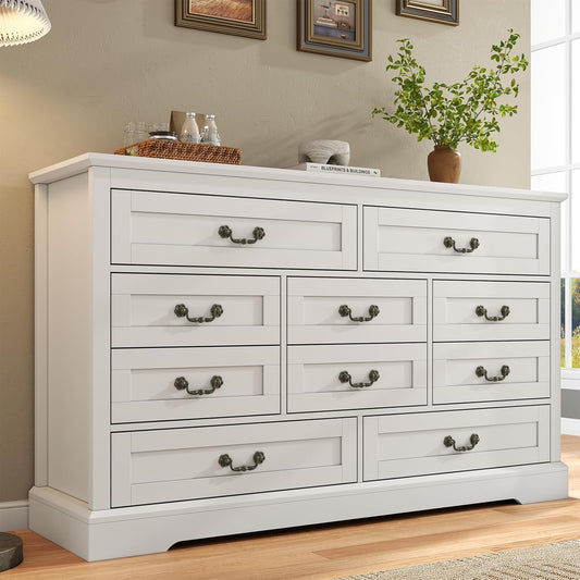Farmhouse 10 Drawer Dresser, 52 Inch White Chest of Drawer Dresser for Bed Room with Vintage Handle, Storage Dressers Organizer for Bedroom, Living Room and Hallway