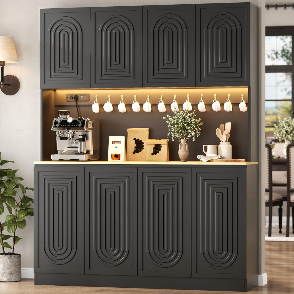 71" Black Kitchen Pantry with Power Outlet, Kitchen Hutch with LED Light