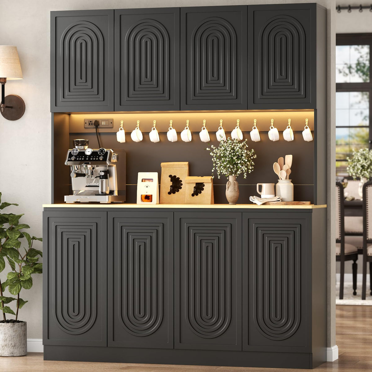 71" Black Kitchen Pantry with Power Outlet, Kitchen Hutch with LED Light