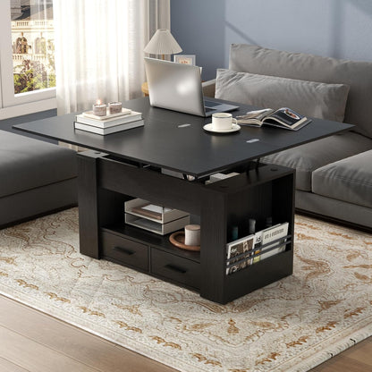 Lift Top Coffee Table, 4 in 1 Multi-Function Coffee Table with Storage Shelf and Hidden Compartment, Center Table with Large Drawers, Converts to Dining Table for Living Room, Home Office (Black)