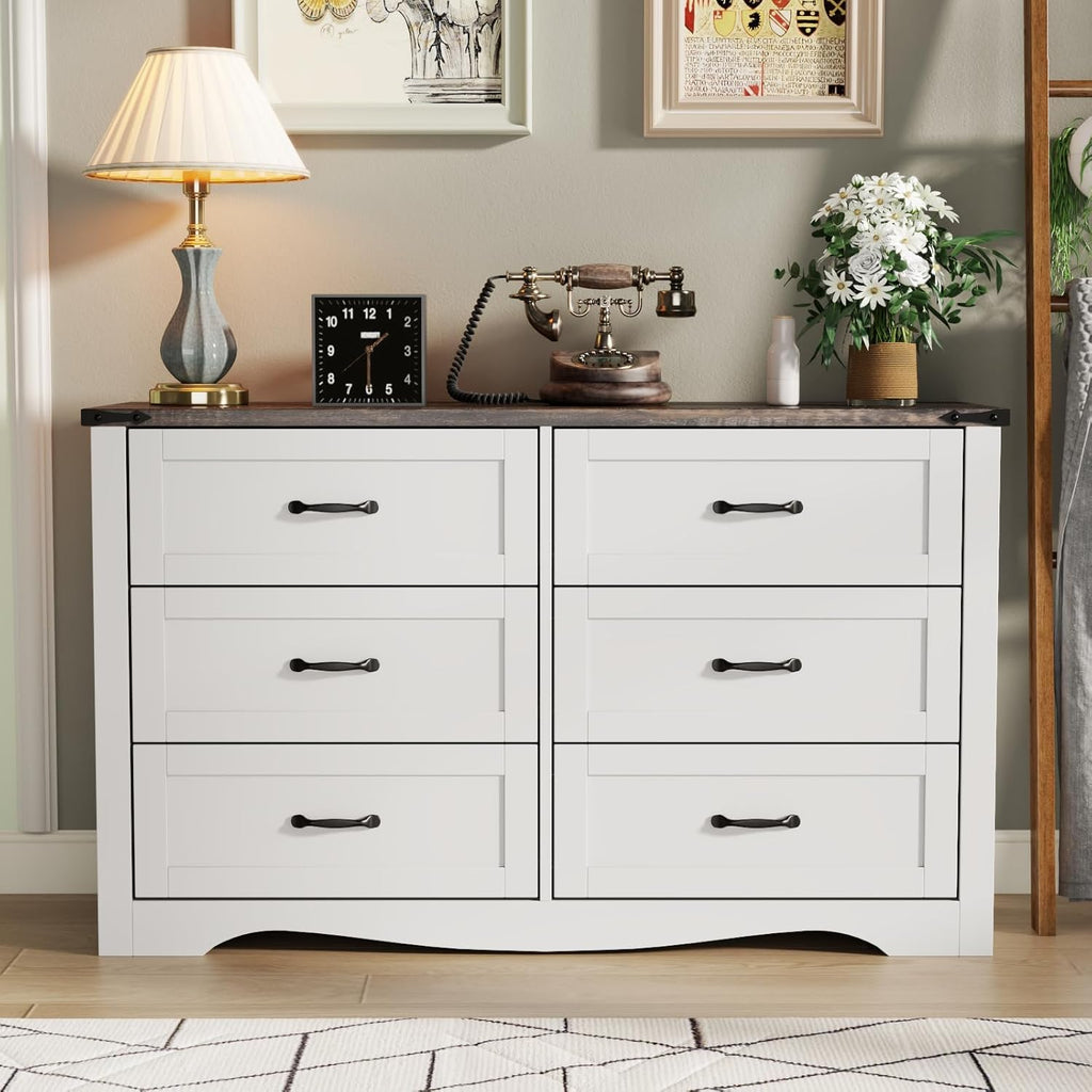 Farmhouse Dresser for Bedroom, Chest of Drawers with Natural Texture, Accent Storage Cabinet for Closet,Living Room (White, 15.7" D x 46.4" W x 30.8" H(6 Drawers))