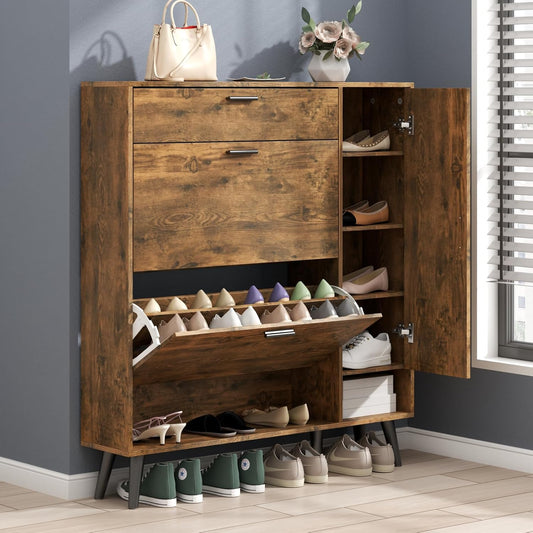Shoe Storage Cabinets, 16 Pairs Free Standing Shoe Organizer with 2 Flip Drawers for Entryway, Narrow 3 Tier Entryway Hidden Shoe Rack with Doors (Upgraded Rustic)