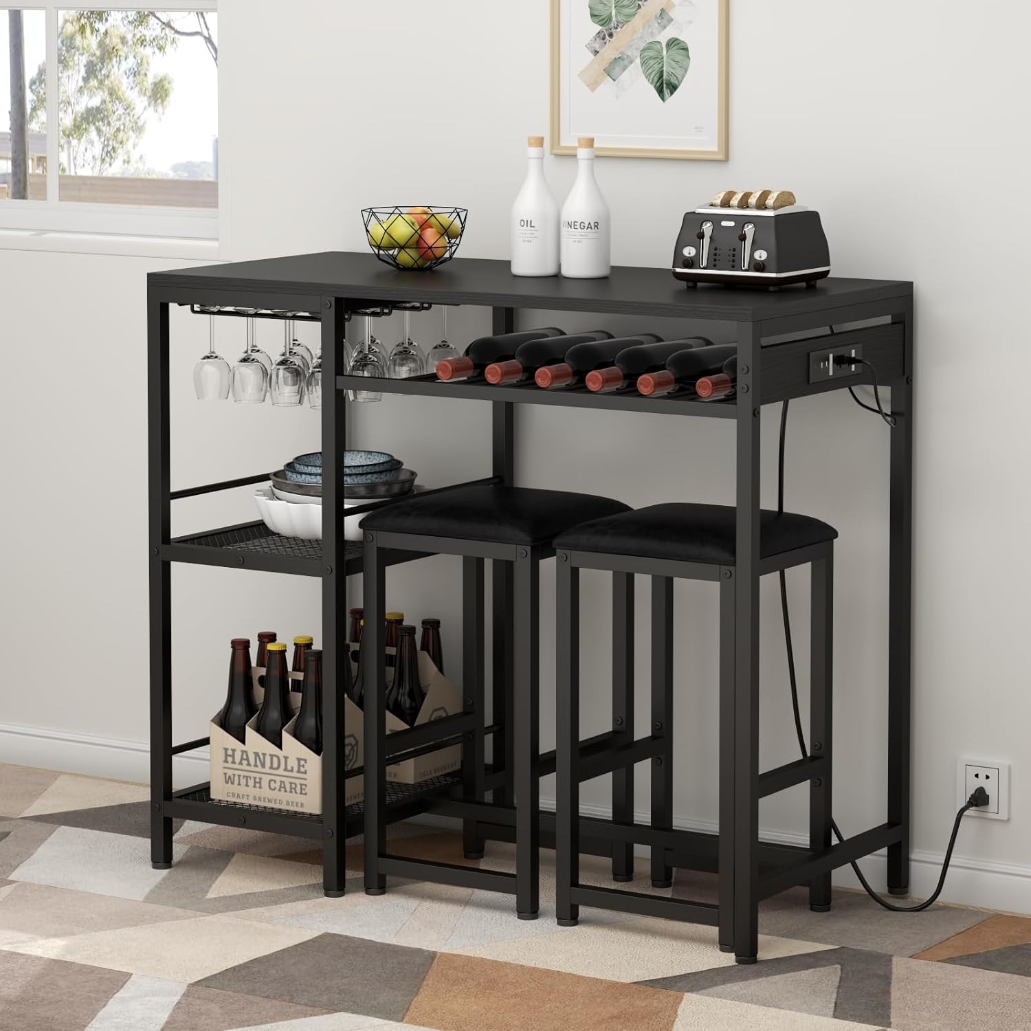 Bar Table and Chairs Set with Power Outlet, Pub Table and Chairs Set for 2 with 2 Storage Shelves, 3 Piece Table Set with Wine Rack&Glass Holder for Living Room,Dining Room,Small Apt (Black)