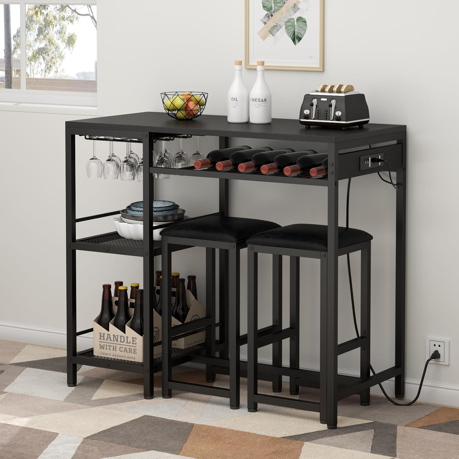Bar Table and Chairs Set with Power Outlet, Pub Table and Chairs Set for 2 with 2 Storage Shelves, 3 Piece Table Set with Wine Rack&Glass Holder for Living Room,Dining Room,Small Apt (Black)