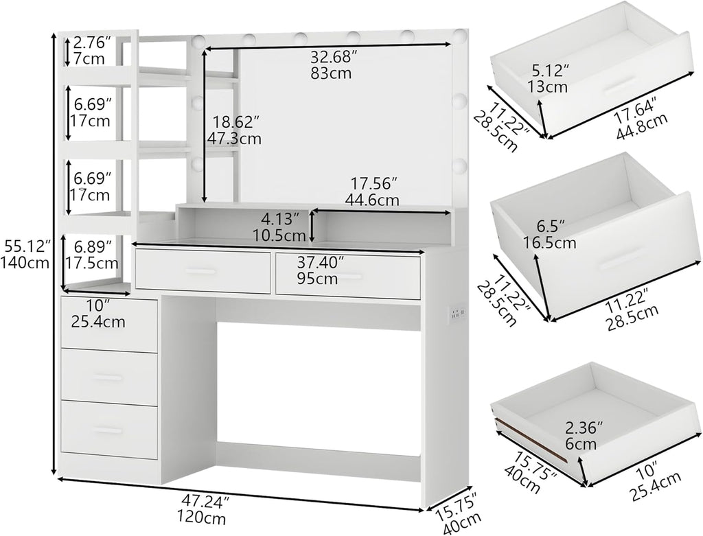 White Vanity Desk with Mirror and Lights, 8 Drawer Makeup Vanity Table with Glass Top, Power Outlets and RGB Lights, Women & Girls Dressing Table with Lighted Mirror（Stool Not Included）
