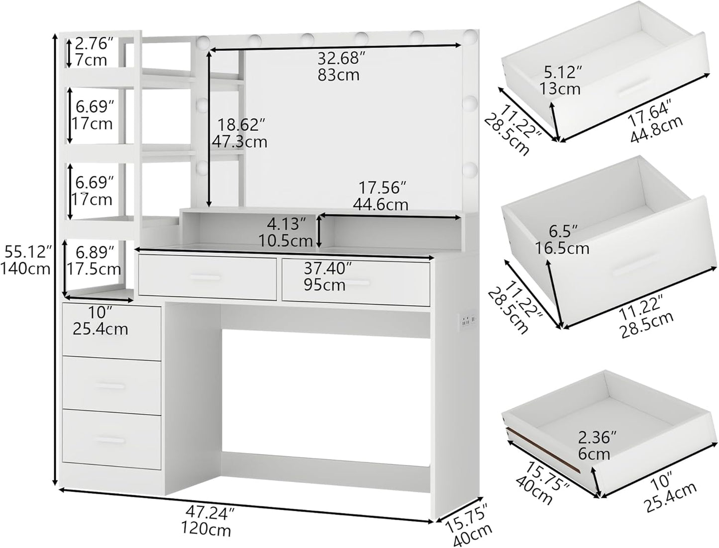 White Vanity Desk with Mirror and Lights, 8 Drawer Makeup Vanity Table with Glass Top, Power Outlets and RGB Lights, Women & Girls Dressing Table with Lighted Mirror（Stool Not Included）