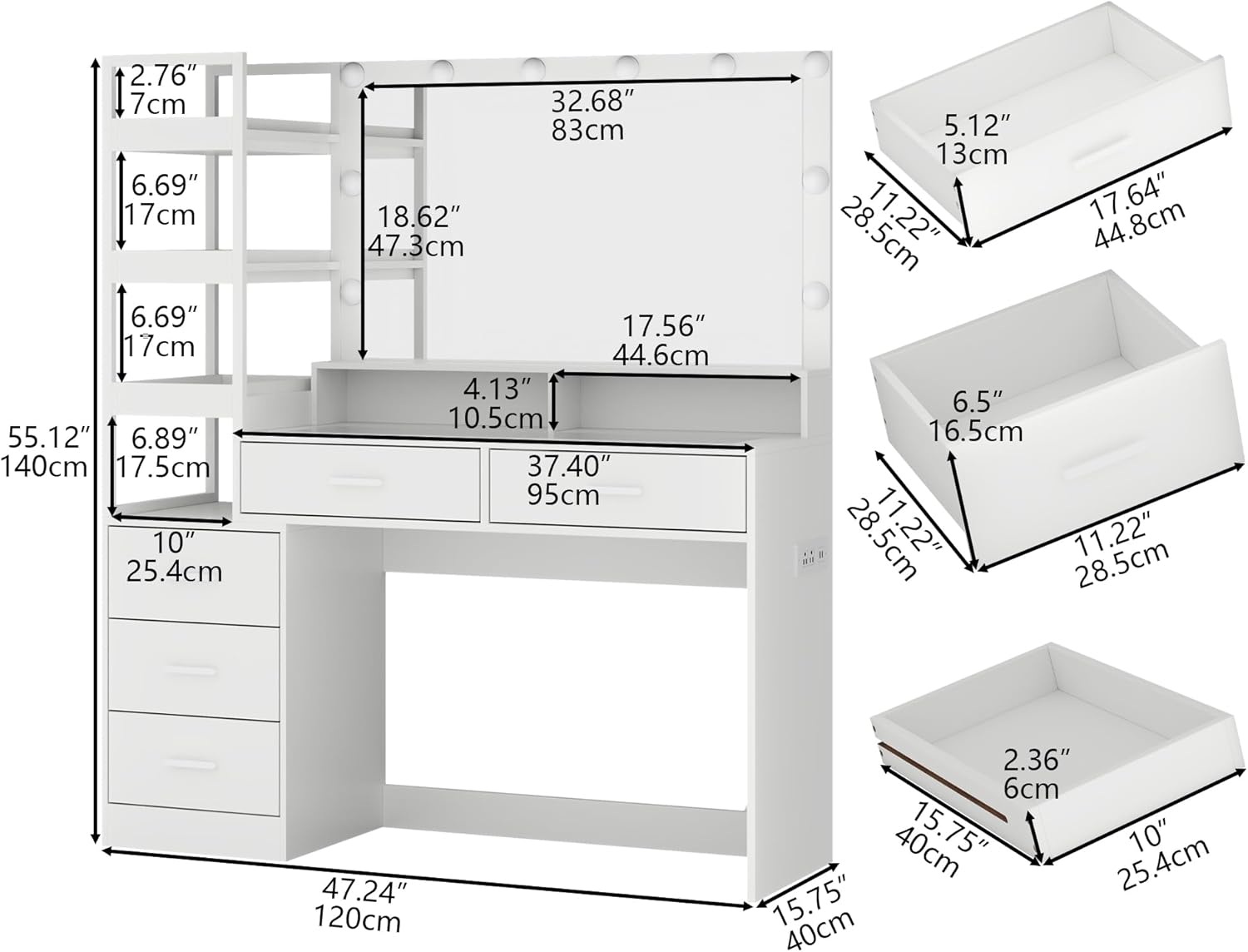 White Vanity Desk with Mirror and Lights, 8 Drawer Makeup Vanity Table with Glass Top, Power Outlets and RGB Lights, Women & Girls Dressing Table with Lighted Mirror（Stool Not Included）