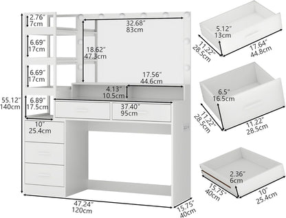 White Vanity Desk with Mirror and Lights, 8 Drawer Makeup Vanity Table with Glass Top, Power Outlets and RGB Lights, Women & Girls Dressing Table with Lighted Mirror（Stool Not Included）