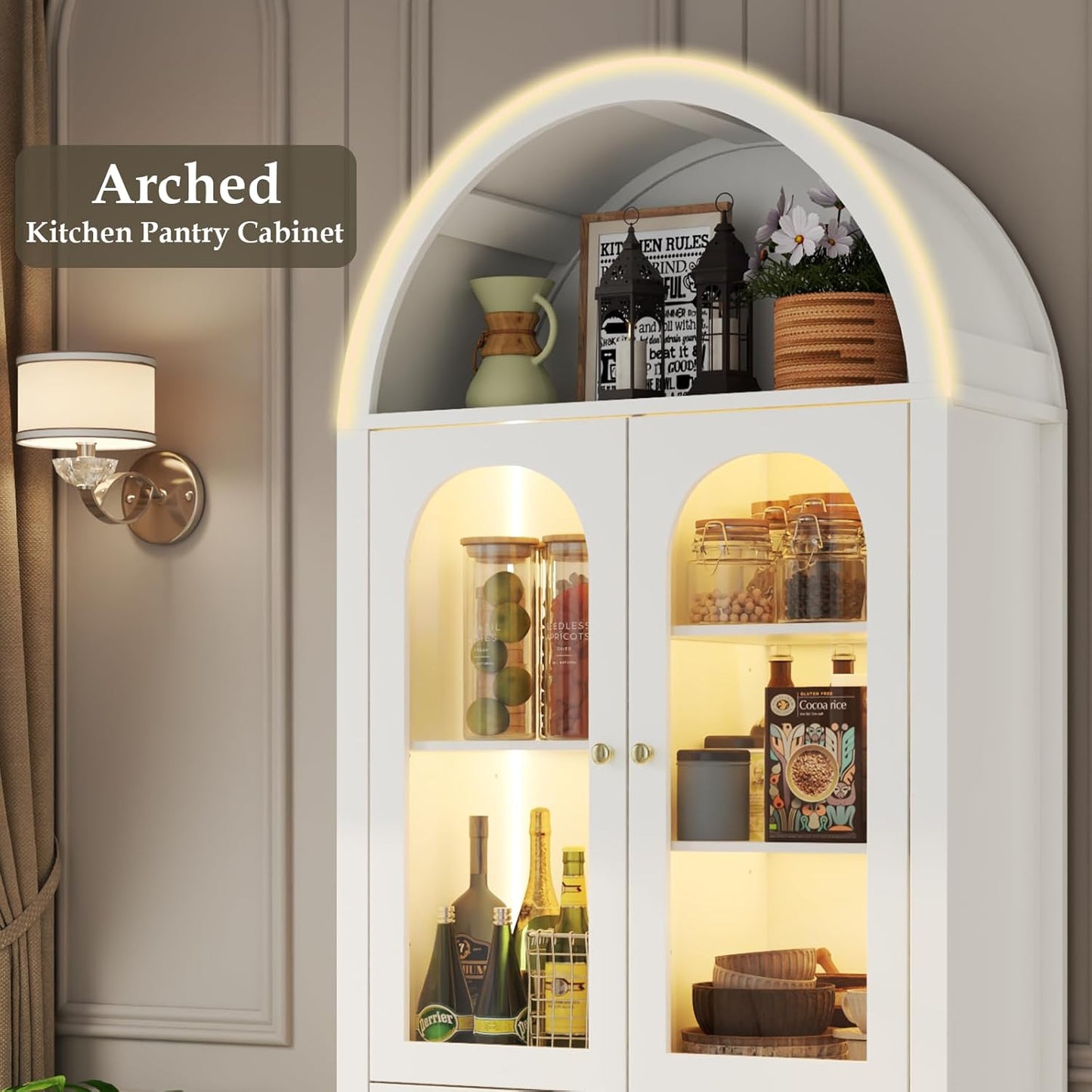 70" Tall Arched Bookcase with LED Lights, Modern Curved Cabinet with Glass Door, Arched Bookshelf Cabinet with 2 Storage Drawers, Display Storage Cabinet with Adjustable Shelves for Living Room,White
